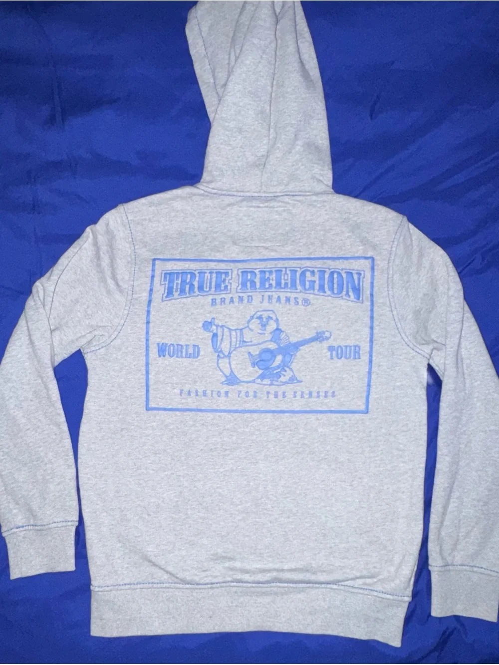 True Religion Light Gray Zip Hoodie with Blue Back Logo